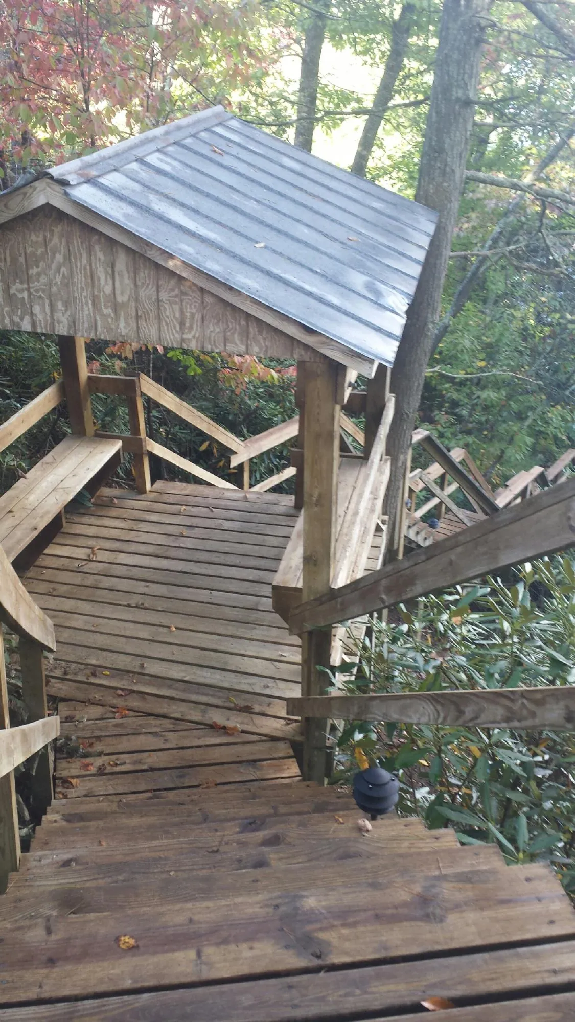 Metal roofed shelter over wooden steps on a wooded walkway — Skylight Repair & Installation work by our crew in Wenonah